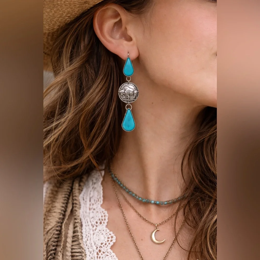 Turquoise Teardrop Buffalo Coin Dangle Earrings Silver Tone Western Boho